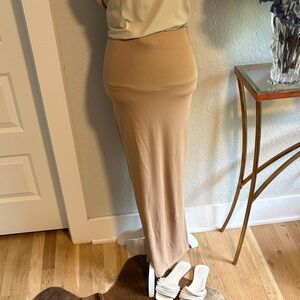 High waisted maxi jersey knit skirt in brown beige